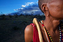 Close up of Maasai man's stretched earlobe, Mara region, Kenya, September 2013.