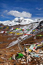 Prayer flags at Bhonte La Pass (16,00 ft) the high point of the Jhomolhari Trek. Bhutan, October 2014.