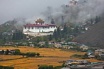 The Paro Dzong Buddhist monastery on a foggy morning, Bhutan, October 2014.