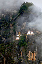 The Tiger's Nest Monastery on rocky mountainside near the town of Paro. Bhutan, October 2014.