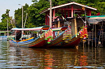 Long tail boats docked on the Khlong Bangkok Yai (canal), Bangkok Thailand, September 2014.