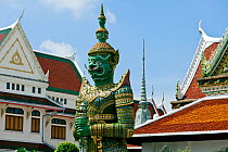 Temple figure and roof lines at Wat Arun in Bangkok. Thailand, September 2014.