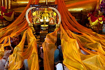 Ceremony adorning golden statue of the Buddha in yellow sashes,  Wat Phanan Choeng, Ayutthaya. Thailand, September 2014.
