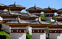Some of the 108 stupas built at Dochula Pass, on the road between Paro and Thimphu, Bhutan, October 2014.