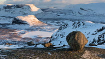 Mount Nammatj and Tjakkeli, viewed from Ritok in winter, Rapadalen, Sarek National Park, World Heritage Laponia, Swedish Lapland, Sweden. April 2014.