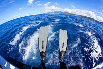 Flippers of free diver, wide angle view, Dominica, Caribbean Sea, Atlantic Ocean. January 2013.