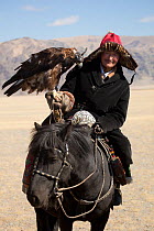 Eagle hunter mounted on Mongolian horse with his female Golden eagle (Aquila chrysaetos) at Eagle Hunters Festival, near Sagsai, Bayan-Ulgii Aymag, Mongolia. September 2014..
