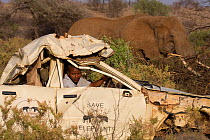 Daniel Lentipo driving the former research vehicle destroyed by bull African elephant (Loxodonta africana) Samburu National Reserve, Kenya. Model Released.
