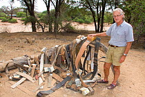 Iain Douglas-Hamilton with various elephant radio tracking collars used by Save the Elephants in the Samburu National Reserve, Kenya. Model Released