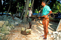 Men harvesting coral for construction, Baa Atoll Maldives, Indian Ocean.  1998