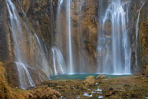 78 metre high Grand Waterfall (Veliki Slap),  Plitvice Lakes National Park, Croatia. January.