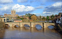 The River Wye in spate, the Medieval Old Wye Bridge and Hereford Cathedral,  England,  February 2014.
