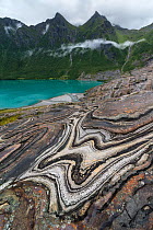 Rock formations near Engenbreen glacier, Meloy, Nordland, Norway, August.