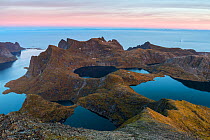 Panorama looking east from Hermandalstinden, showing Kirkefjorden and lakes Litlforsvatnet, Tennesvatnet, and Krokvatnet. Moskenes, Lofoten, Nordland, Norway, November.