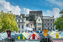 View of Norwich market stalls showing the castle in distance, Norfolk, UK. November 2014.