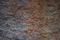 San rock painting of hunters, Matobo Hills, Zimbabwe. January 2011.