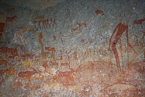 San rock paintings of human figures and various antelopes, Matobo Hills, Zimbabwe. January 2011.