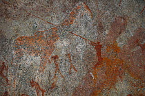 San rock paintings of Giraffe and hunters, Matobo Hills, Zimbabwe. January 2011.