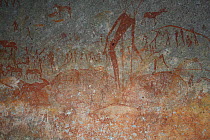 San rock paintings of humans and antelopes, Matobo Hills, Zimbabwe. January 2011.