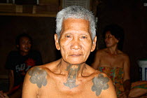 Dayak head hunter with traditional tattoos, West Kalimantan,  Indonesian Borneo. June 2010.