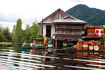 Dayak house outside of river, with palm oil barrels outisde house, Gunung Palung National Park, West Kalimantan, Indonesian Borneo. July 2010.