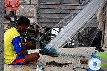 Man repairing nets, Gunung Palung National Park, West Kalimantan, Indonesian Borneo. July 2010.