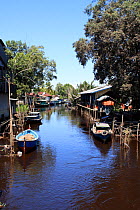 Boats along river and traditional Dayak community longhouse, Singkawang, West Kalimantan, Indonesian Borneo. July 2010.