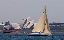 Yacht sailing in front of the Sydney Opera House, Sydney Harbour, New South Wales, Australia, October 2012. All non-editorial uses must be cleared individually.