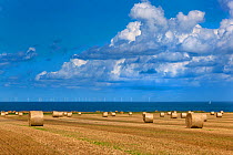 Straw bales and field of stubble, Weybourne, Norfolk, UK August.