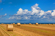 Straw bales and field of stubble, Weybourne, Norfolk, UK August 2014.