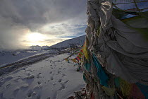 Tattered prayer flags in snow covered landscape with grey clouds, Baima Snow Mountain Nature Reserve, Yunnan Province, China. April 2010.