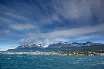 Ushuaia in front of Martial mountains, Tierra del Fuego, Argentina, January.