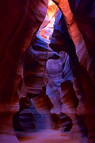 Interior of Antelope Canyon with sunlight shining through, Page, Arizona, USA, February 2015.
