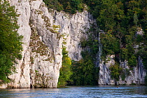 Limestone walls of Danube Canyon, near Weltenburg, Kelheim, Bavaria, Germany, September.