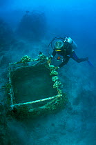 Diver exploring 'Barnacle' artificial reef, built in 2001 with a steel frame using mild electric currents to encourage coral growth. Shape is built as habitat for fish. Ihuru Island in North Male Atol...