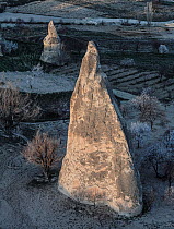 Aerial view of large rock formations, Goreme, Cappadocia, Turkey, March.