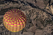 Aerial view of Cappadocia with hot air balloon, Turkey, March 2006.
