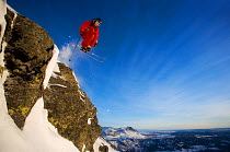 Skier jumping over rock, Hemsedal, Norway, January 2006.