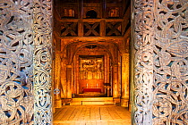 Gol stave church, seen from the doorway, originally from Gol, Hallingdal, but now located in the Norwegian Museum of Cultural History, Bygdoy, Oslo, Norway. May 2007.