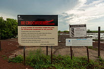 'Be Crocwise' crocodile warning sign, at Shady Camp. Northern Territory, Australia.