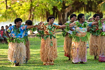 Traditional Fijian communal dance 'meke', combining dancing, singing, chanting, clapping and drum beating, Kavewa Island, Macuata Province, Fiji, South Pacific. August 2013
