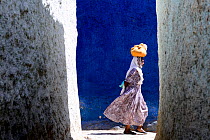 Women walking through the colourful narrow streets of Harar, an important holy city in the Islamic faith, UNESCO World Heritage Site. Ethiopia, November 2014