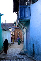 Muslim woman walking down narrow streets, in Harar, an important holy city in the Islamic faith, UNESCO World Heritage Site. Ethiopia, November 2014
