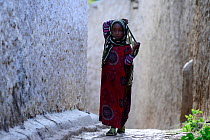 Muslim woman walking down narrow streets, Harar, an important holy city in the Islamic faith, UNESCO World Heritage Site. Ethiopia, November 2014