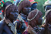 Hamer women in traditional clothing at the Jumping of the bulls ceremony. Ethiopia, November 2014