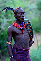 Man at the Jumping of the bulls Hamer ceremony. This Hamer ceremony is a a right of passage into manhood for Hamer boys. Ethiopia, November 2014