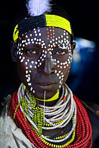 Karo woman with traditional clothes and body paints. Territory of the Karo tribe. Omo river. Ethiopia, November 2014