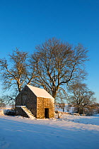 Stone field barn following heavy snowfall. Bonsall, Peak District Natioanl Park, Derbyshire. December.