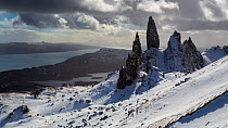 The Old Man of Storr after heavy snowfall, Isle of Skye, Scotland, UK. March 2015.