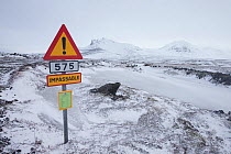 Road sign indicating track closed because of snow, Iceland. March 2014.